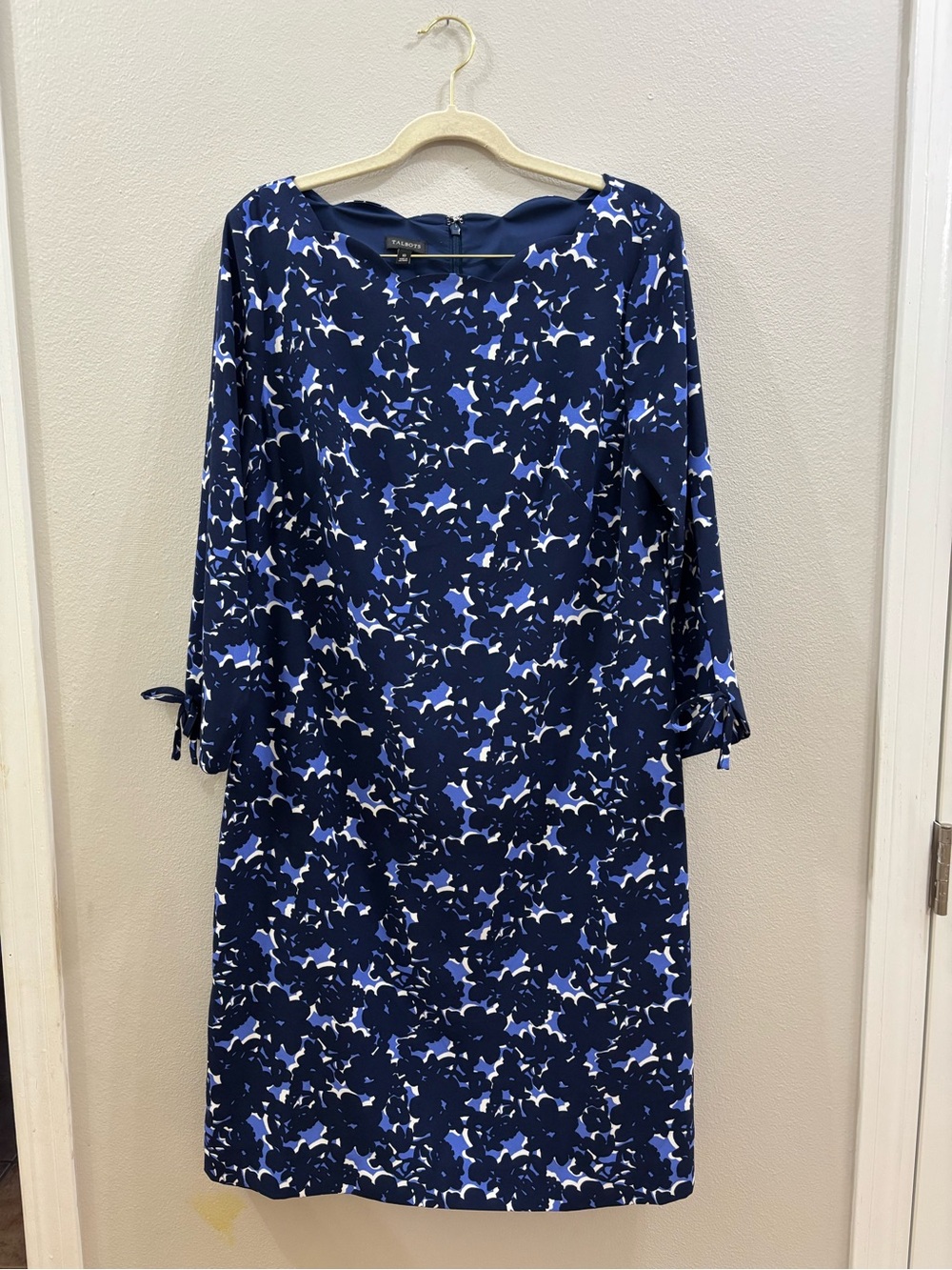 Talbots Navy & White Printed Long-Sleeve Shift Dress
